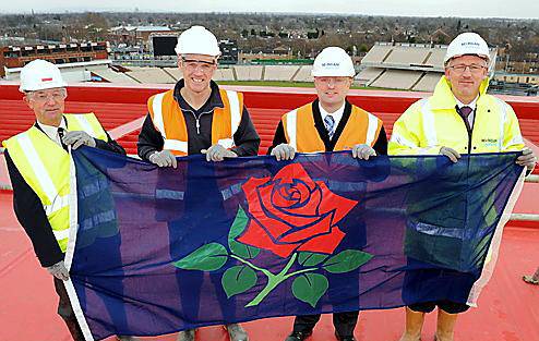 Flying their flag: l-r Lancashire CCC’s commercial director Geoff Durbin, vice chairman Geoffrey Shindler, head coach Peter Moores and the building company's senior contracts boss Tony McCabe Flying their flag: l-r Lancashire CCC’s commercial director Geoff Durbin, vice chairman Geoffrey Shindler, head coach Peter Moores and the building company's senior contracts boss Tony McCabe