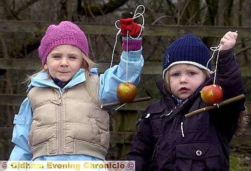 WE made these . . . Mia Seal and Reggie Gregory, both aged three, show off their apple bird feeders WE made these . . . Mia Seal and Reggie Gregory, both aged three, show off their apple bird feeders