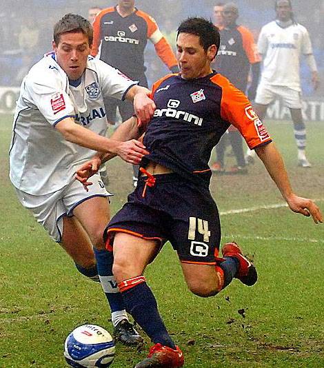 COME HERE: Tranmere Rovers midfielder Gareth Edds tries to prevent Athletic’s Dean Furman from getting in a cross. 