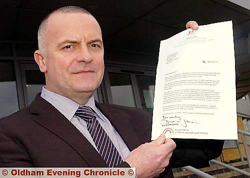 PRAISE FROM THE TOP . . . Failsworth School headteacher John Meagher with the letter from Diana Johnson MP. 
