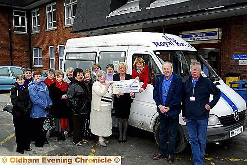 LEAGUE of Friends members (from the left) Sylvia Holland, Pat Wild, Christine Parmley, Betty Tomlinson, Pam Brocklehurst, Ann Morris, Rose Hall, Ann Garside, Alison Wild, Joan Tomlinson (chairman), and Hazel Hewitt gather to hand over a cheque to Pam Wilkinson, patient administration office manager, Chris Mylott, voluntary services manager, and volunteer drivers Colin Thomson and David Farraday. LEAGUE of Friends members (from the left) Sylvia Holland, Pat Wild, Christine Parmley, Betty Tomlinson, Pam Brocklehurst, Ann Morris, Rose Hall, Ann Garside, Alison Wild, Joan Tomlinson (chairman), and Hazel Hewitt gather to hand over a cheque to Pam Wilkinson, patient administration office manager, Chris Mylott, voluntary services manager, and volunteer drivers Colin Thomson and David Farraday.