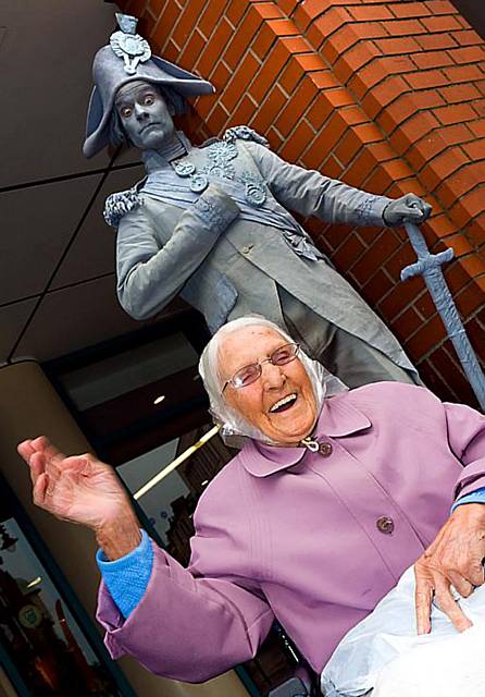 HE’S behind you . . . Caroline Murray (93) from Glodwick 