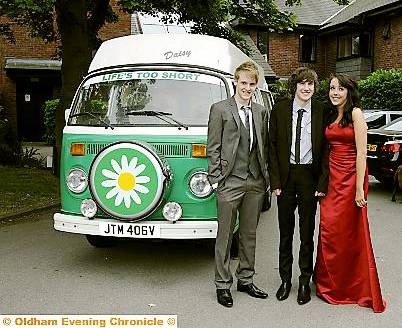 Flower power . . . James Butterworth, Calum Barnes and Beth Cavanagh pull up in a VW campervan. View all our prom images and order photographs at www.oldham-chronicle.co.uk 
