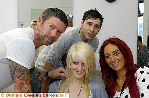 Celebrity hairdresser Lee Stafford (left) visits Michael John Training School in Oldham. Pictured with him are his model Grace Bradley (centre), former learner Ben McEvoy and Lorraine Quinn (Michael John teacher). 
