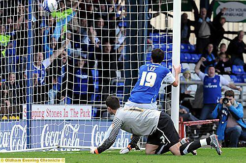 THAT MAKES THREE . . . Athletic full-back Kieran Lee completes a fine afternoon’s work with the third goal. 