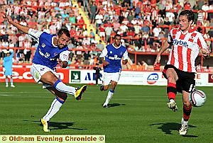 LETTING FLY: Filipe Morais has an effort at goal during Athletic’s 2-0 defeat at Exeter.
LETTING FLY: Filipe Morais has an effort at goal during Athletic’s 2-0 defeat at Exeter.