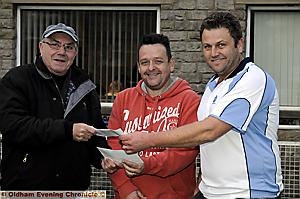 HANDOVER . . . Mel Bagley (left) presents the cheques to Lees and Hey Open winner Dean Hibbert (centre) and runner-up Matt Gillies. HANDOVER . . . Mel Bagley (left) presents the cheques to Lees and Hey Open winner Dean Hibbert (centre) and runner-up Matt Gillies.