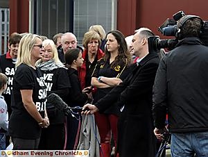 Demonstration organiser Joanne Lewis-Ryan is interviewed by Granada TV reporter Tim Scott Demonstration organiser Joanne Lewis-Ryan is interviewed by Granada TV reporter Tim Scott