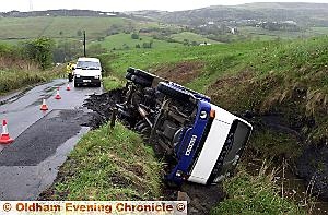 Lorry overturned Slackcote Lane Delph in 2001 
