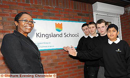 NAME change . . . head teacher Lynda Thompson with pupils (from left) John Paul Hillary, Jordan Emms, Bret Szwandt and Omar Farook. Inset: Mary Higgs 