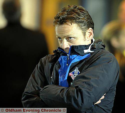 FOOD FOR THOUGHT . . . Athletic boss Paul Dickov looks on as his side slip to defeat against Colchester United last night. FOOD FOR THOUGHT . . . Athletic boss Paul Dickov looks on as his side slip to defeat against Colchester United last night.