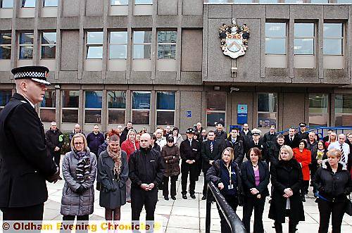 Chief Supt Tim Forber addresses the memorial service outside Oldham police station, in Barn Street
Chief Supt Tim Forber addresses the memorial service outside Oldham police station, in Barn Street
