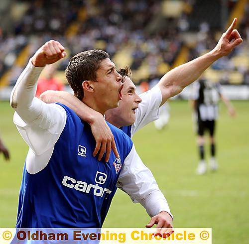 RELIEF . . . Jason Lowe and Dean Furman can’t hide their emotions after Athletic take the lead at Meadow Lane.  