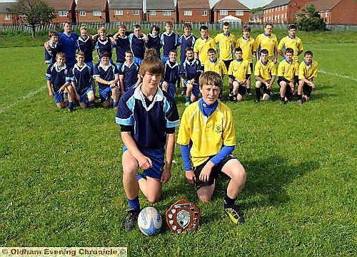 RARING TO GO: Skipper Cameron Whitley (left), of Saddleworth, and Our Lady’s captain Matthew Whitehead before the Year 10s final at Hollinwood ARLFC