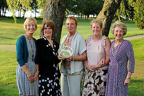 MILES OF SMILES... pictured at Crompton and Royton’s Lady Captain’s Day presentation are: Margaret Hornby (left, runner-up). Audrey Whittaker (lady captain), Brenda Keeney (winner), Jennifer Kenworthy (first-day prize), Joan Wright (subsidiary winner). 