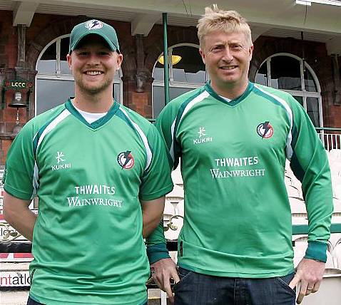 Batsman Karl Brown and captain Glen Chapple sport the green shirt in front of the Old Trafford Pavilion.
Batsman Karl Brown and captain Glen Chapple sport the green shirt in front of the Old Trafford Pavilion.