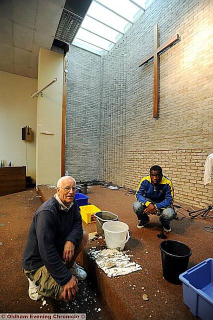 Alan Heywood (Church Resources Committee) and Richard Oppong-Boateng (Church Youth Worker) survey the damage
Alan Heywood (Church Resources Committee) and Richard Oppong-Boateng (Church Youth Worker) survey the damage