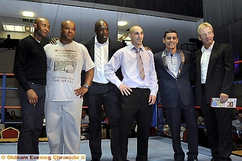 GUESTS of honour: Eric Noi (second left) is pictured with Ensley Bingham, the former British Commonwealth light-middleweight champion, Maurice Core, ex-British light-heavy belt holder, reigning Commwealth light-middleweigh champion Craig Watson, who will attempt to win the British crown on Saturday, Antony Crolla, British lightweight champion and Kelvin Travis, former Great Britain Olympic boxing coach.
