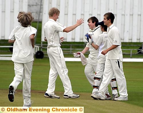 GONE:Greenfield bowler Cameron Sturge celebrates the wicket of Aaron Dalziell, of Royton, in the Leicester Shield semi-final. GONE:Greenfield bowler Cameron Sturge celebrates the wicket of Aaron Dalziell, of Royton, in the Leicester Shield semi-final.