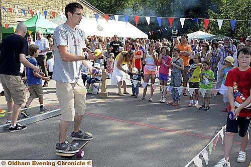 Matt O’Grady from Bored Sports juggles while skateboarding 
