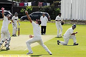 NEAR MISS... Imran Aslam almost snares another victim, but Heyside batsman John Selby’s edge evades first slip’s clutches