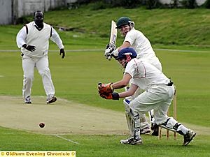 Royton batsman Liam Mason picks up more runs off the bowling of Ashton’s Ben Johnson. PICTURES by CHRIS SUNDERLAND