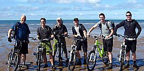 Cyclists (l-r): Adey Bennett, Jonny Eglin, Andy Hill, Nick Hodgson, Ian Kelly and Duncan Spelman arrive at the east coast Cyclists (l-r): Adey Bennett, Jonny Eglin, Andy Hill, Nick Hodgson, Ian Kelly and Duncan Spelman arrive at the east coast