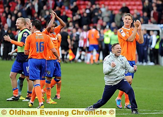 WHAT A FEELING . . . Athletic boss Paul Dickov celebrates with his players at the final whistle. WHAT A FEELING . . . Athletic boss Paul Dickov celebrates with his players at the final whistle.