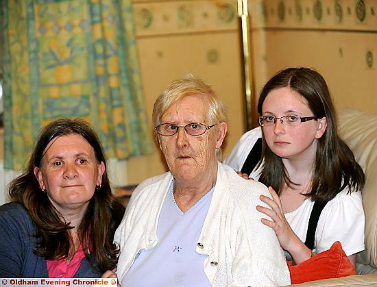 CON victim Ruth Whitehill (centre) with her daughter Jane Ross (left) and granddaughter Gemma Ross 
