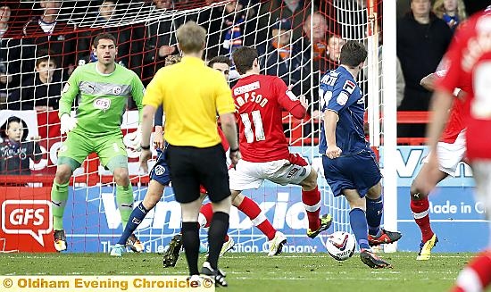 HIT MAN: Jose Baxter puts Athletic in front with a 67th-minute shot which takes a defletion.  