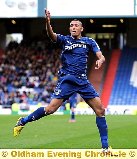 DANCING WITH DELIGHT: Cristian Montano celebrates after scoring Athletic’s second goal. 