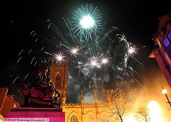 Fireworks over Oldham Parish Church signal the lights switch-on