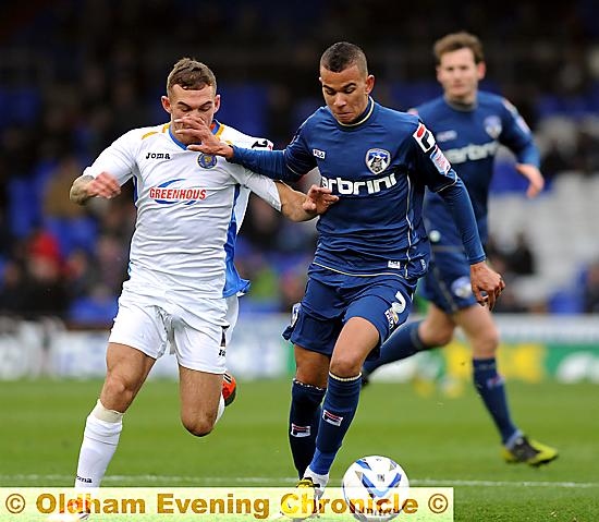 GET BACK: Athletic full-back Connor Brown attempts to keep possession against Shrewsbury. 