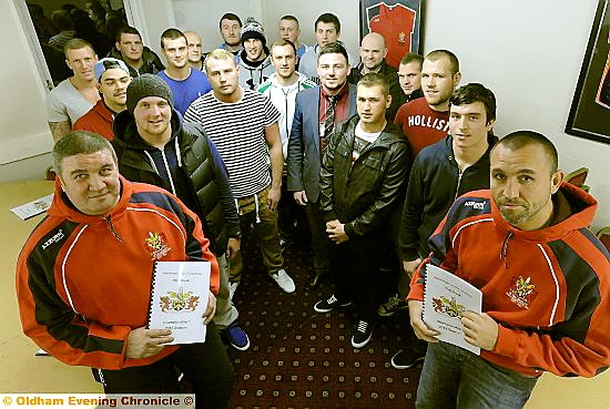 Head coach Scott Naylor (right) and his No 2 Lee Spencer (left) meet up with the Oldham players at Whitebank last night. PICTURE: DARREN ROBINSON