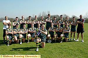 PROUD: Hopwood Hall skipper Liam Whalley shows off the silverware. With him are: assistant coach Miles Greenwood (back, left), Conor Jackson, Stevie Williams, Josh Watson, Jack Ashworth, Sean Mulcahy, Michael Lockwood, Ryan Bradbury, Jacob Nicholson, Ciarran Brogan, Luke Kavanagh, coach Matt Calland (coach). Kieran Harmer (front left), Jordan Riding, Jason Rigby, Jake Boardman, Jack Cooke, Dylan Ault, Terence Houldsworth and Josh Maskew. 
