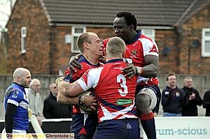 Paul Noone and Lucas Onyango celebrate Oldham’s second try Paul Noone and Lucas Onyango celebrate Oldham’s second try