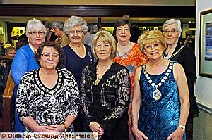 Final Charter dinner of Oldham Soroptimists which winds up after 70 years. Back l-r, Eunice Garside (50 yrs' membership), Kathleen Barnes (oldest member 86), Liz McConnell (regional president elect), Barbara Hulmes (pres. Ramsbottom). Front l-r, Carol Shackleton (pres. Oldham), Mayoress Valerie Knowles, Denise Baldwin (South Lancs. regional president). 
