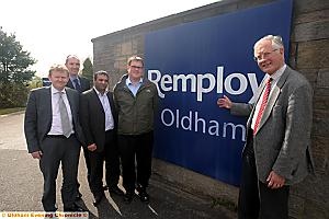 LIFELINE: (l-r) Mike Braddock (OBLG), Steve Bottomley (Remploy commercial manager), Councillor Shoab Akhtar (Deputy Leader of Oldham Council), Patrick Mellor (Remploy factory manager) and MP Michael Meacher 
