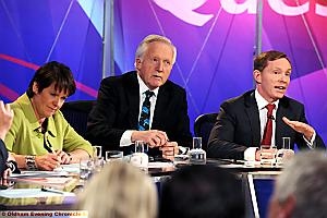 CHAIRING the debate . . . presenter David Dimbleby and panel members Caroline Spelman and Chris Bryant 
