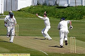 CLOSE SHAVE . . . Royton’s Chris McDonnell survives an appeal for leg before wicket from Michael Price. CLOSE SHAVE . . . Royton’s Chris McDonnell survives an appeal for leg before wicket from Michael Price.