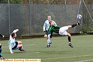 Keith Kurpass, of Highfield United attempts an overhead kick. Keith Kurpass, of Highfield United attempts an overhead kick.