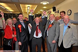 CELEBRATION: Norman Briggs (centre) celebrates with the Labour team, (l-r) Judith Heyes, Councillor Jim McMahon, David Heyes MP and David Dawson CELEBRATION: Norman Briggs (centre) celebrates with the Labour team, (l-r) Judith Heyes, Councillor Jim McMahon, David Heyes MP and David Dawson