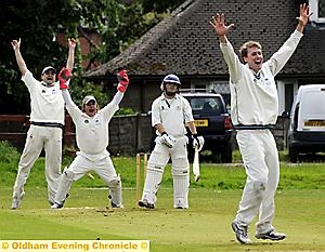 GOT HIM: Greenfield batsman Chris Gill can't believe he is out as Uppermill's bowler James Baron and wicketkeeper Alex Griffiths appeal. GOT HIM: Greenfield batsman Chris Gill can't believe he is out as Uppermill's bowler James Baron and wicketkeeper Alex Griffiths appeal.