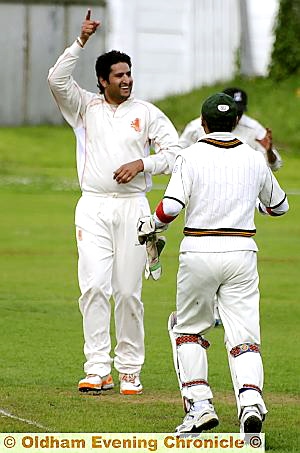 OFF TO A FLIER: Oldham debutant Furrukh Bukhari celebrates taking the wicket of ex-Pollards captain Chris McDonnell, who was caught by another new man, Naeem Ashraf. OFF TO A FLIER: Oldham debutant Furrukh Bukhari celebrates taking the wicket of ex-Pollards captain Chris McDonnell, who was caught by another new man, Naeem Ashraf.