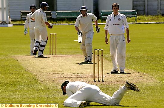 THAT’S OUT . . . Werneth skipper Matthew Taylor is caught by Richard Fitton off the bowling of George Walker during his team’s Twenty20 Cup semi-final defeat against Littleborough at Hare Hill. THAT’S OUT . . . Werneth skipper Matthew Taylor is caught by Richard Fitton off the bowling of George Walker during his team’s Twenty20 Cup semi-final defeat against Littleborough at Hare Hill.