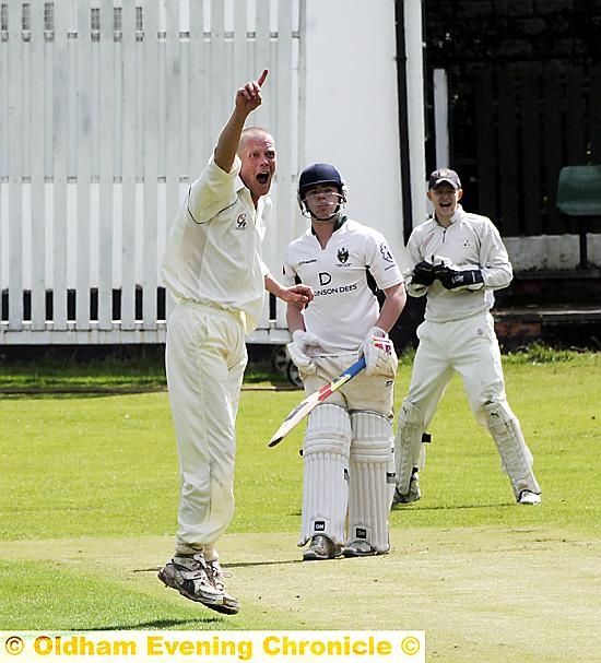 GREENFIELD batsman Ryan Fitton survives a big appeal from Micklehurst bowler Nicky Lawrence. GREENFIELD batsman Ryan Fitton survives a big appeal from Micklehurst bowler Nicky Lawrence.
