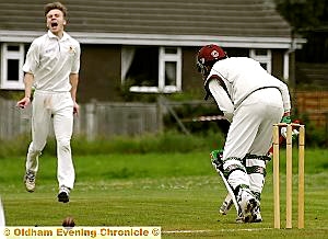 CLOSE: Saddleworth League colts bowler Jamie Taylor almost snares his Bolton League counterpart Shezad Patel in yesterday’s Inter-League match which the Bolton League won by 177 runs. 