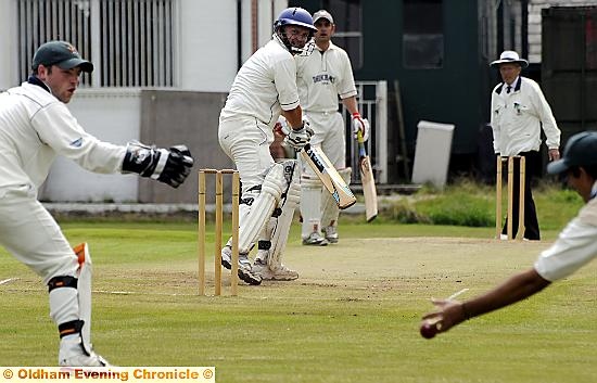 MARK Berry, of Uppermill, allows himself a smile after escaping off Stayley bowler Usman Malvi. MARK Berry, of Uppermill, allows himself a smile after escaping off Stayley bowler Usman Malvi.