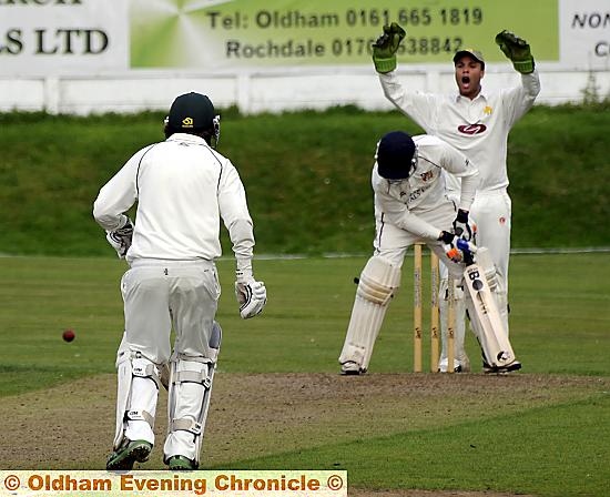 GONE: Royton’s Craig Joy is dismissed by Ali Musafa, of Milnrow.. GONE: Royton’s Craig Joy is dismissed by Ali Musafa, of Milnrow..