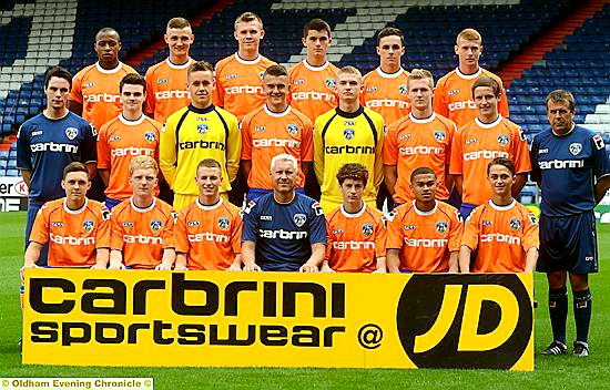 Oldham Athletic youth team: Carlton McIntosh (back row, left), Luke Wandless, Joe Cooper, Jack Truelove, Joe Edwards, Kyle Hardman. Anthony Gray (physio, centre, left), John Pritchard, Luke Simpson, Tomos Clarke, Joel Coleman, Jack Poxon, Haydn Foulds, Mick Priest (coach). Danny Gosset (front, left), Will Kinder, Tomos Jones, Tony Philliskirk (head of youth), Michael Brewster, Chris Sutherland, Jordan Bove.
Oldham Athletic youth team: Carlton McIntosh (back row, left), Luke Wandless, Joe Cooper, Jack Truelove, Joe Edwards, Kyle Hardman. Anthony Gray (physio, centre, left), John Pritchard, Luke Simpson, Tomos Clarke, Joel Coleman, Jack Poxon, Haydn Foulds, Mick Priest (coach). Danny Gosset (front, left), Will Kinder, Tomos Jones, Tony Philliskirk (head of youth), Michael Brewster, Chris Sutherland, Jordan Bove.